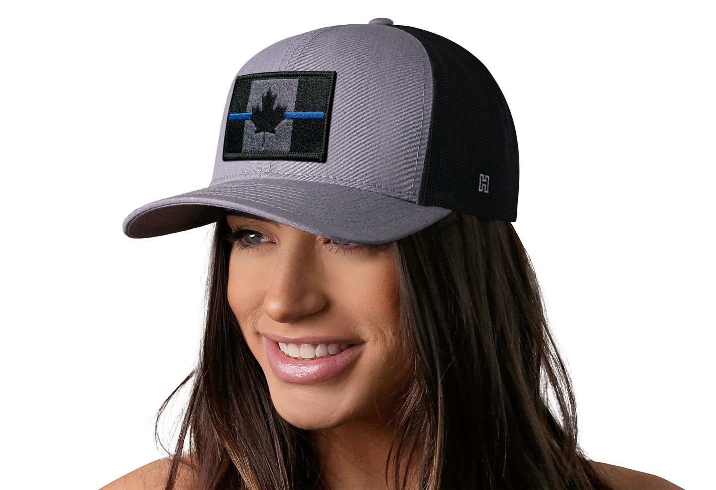 Thin Blue Line Trucker Hat | Gray-Black Canadian Maple Leaf Tactical Snapback