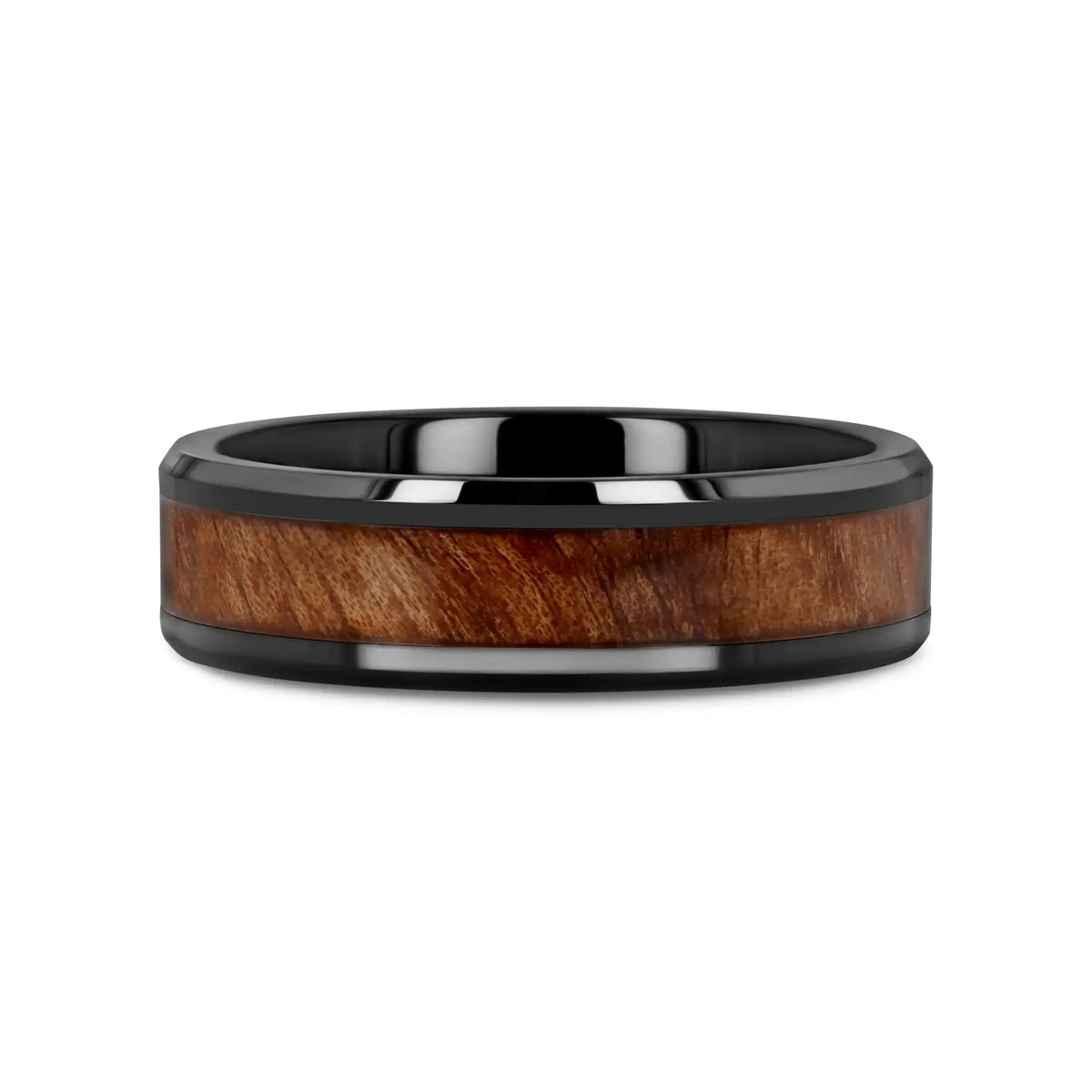 THRACIAN Carpathian Wood Inlaid Black Ceramic Ring with Bevels - 6mm & 8mm