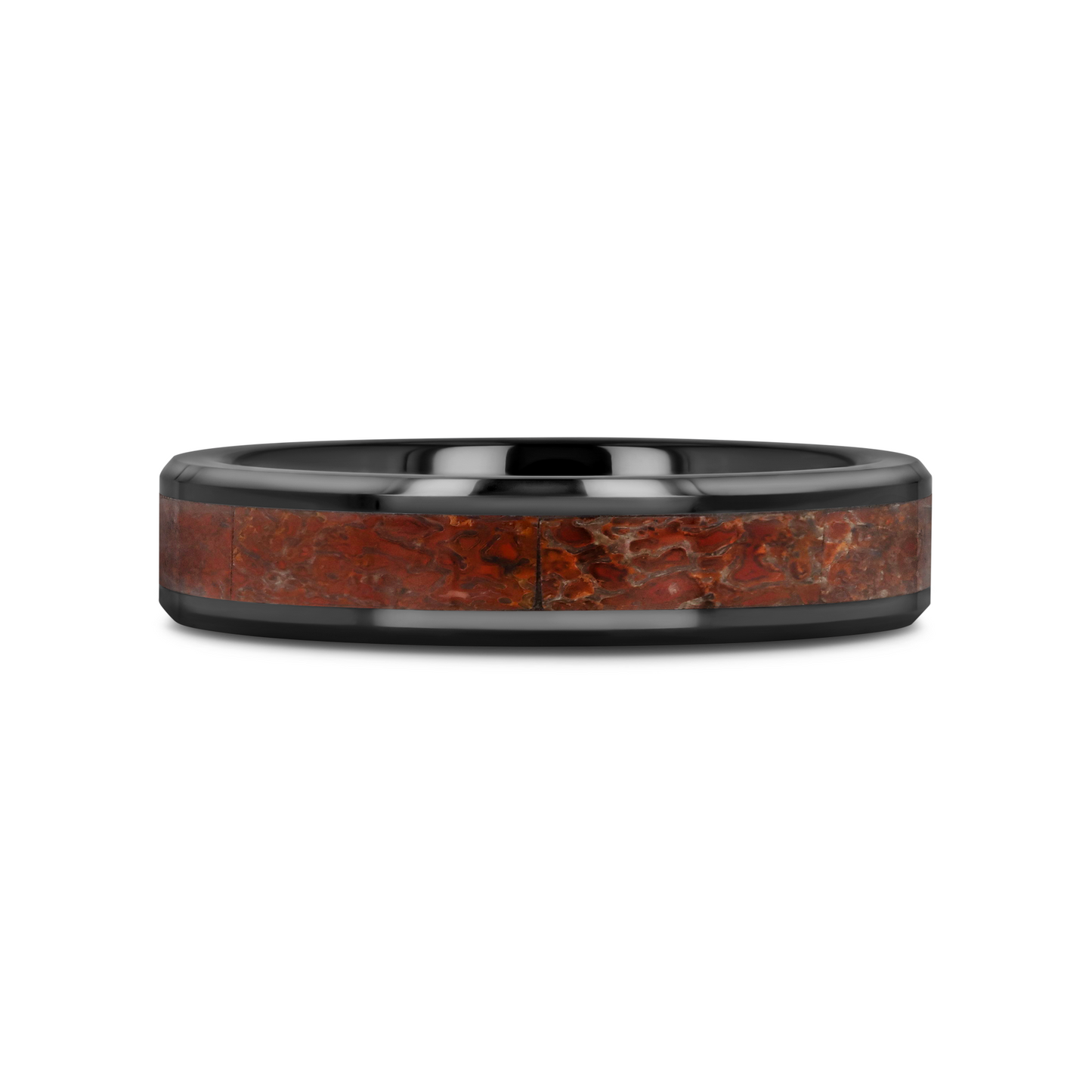 TRIASSIC Red Dinosaur Bone Inlaid Black Ceramic Beveled Edged Ring - 4mm & 8mm