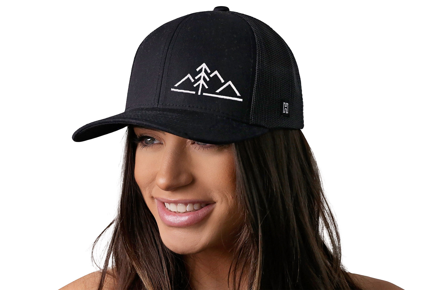 Mountains with Pine Tree Trucker Hat | Black Outdoors Snapback