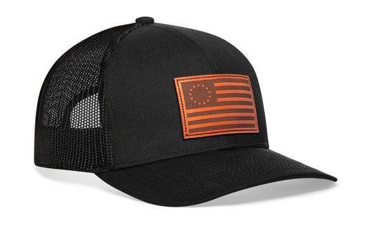 Betsy Ross Flag Trucker Hat Leather | Black USA Snapback
