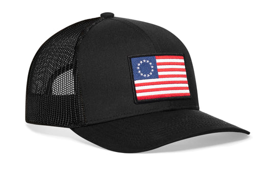 Betsy Ross Flag Trucker Hat | Black USA Snapback