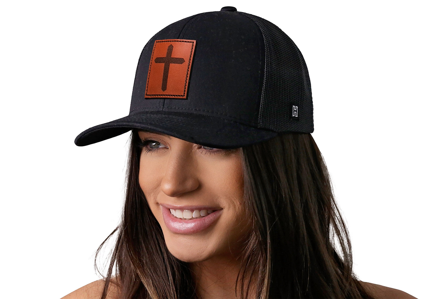 Cross Trucker Hat Rectangle Leather | Black cross Snapback