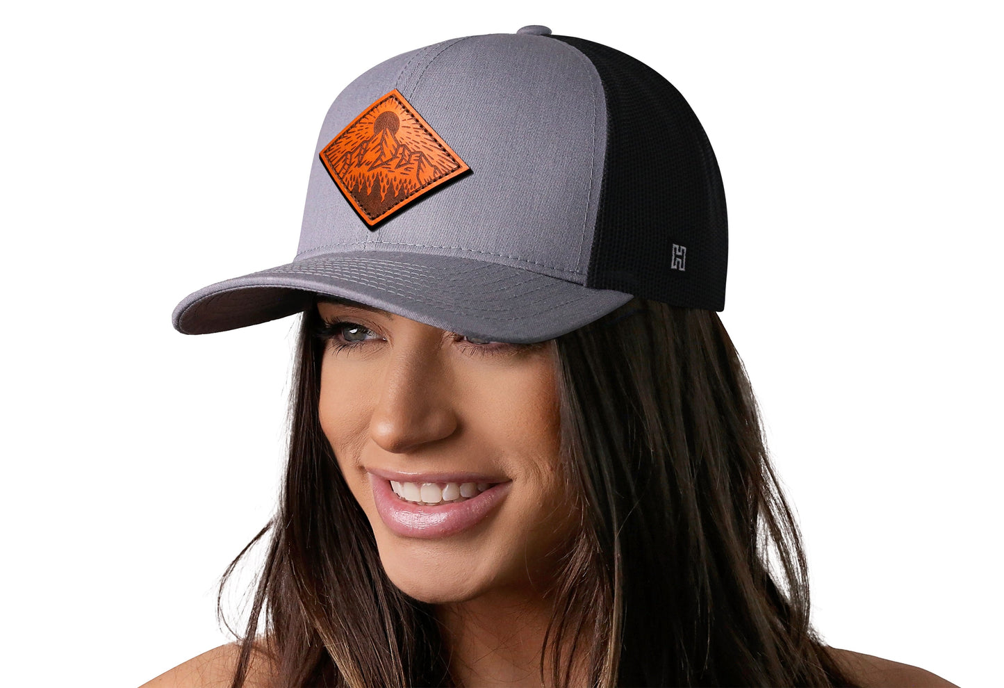 Diamond Mountain and Trees Trucker Hat Leather | Gray-Black Outdoors Snapback