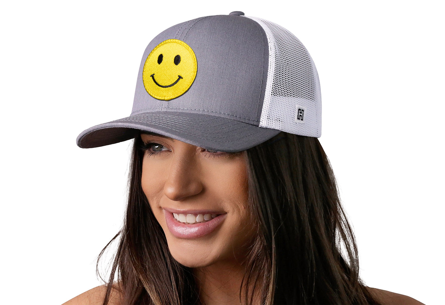 Smiley Face Trucker Hat | Gray-White Emoji Snapback