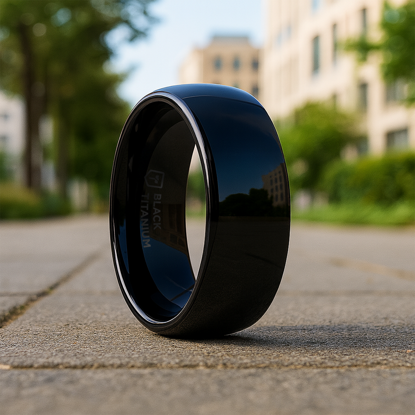 VAREN Black Titanium Polished Finish Men’s Domed Wedding Band - 8mm