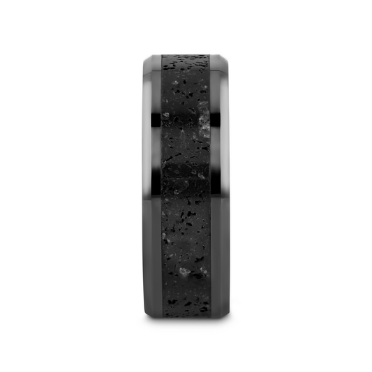 VESUVIUS Men’s Polished Black Ceramic Wedding Band with Black & Gray Lava Rock Stone Inlay & Polished Beveled Edges - 6mm & 8mm