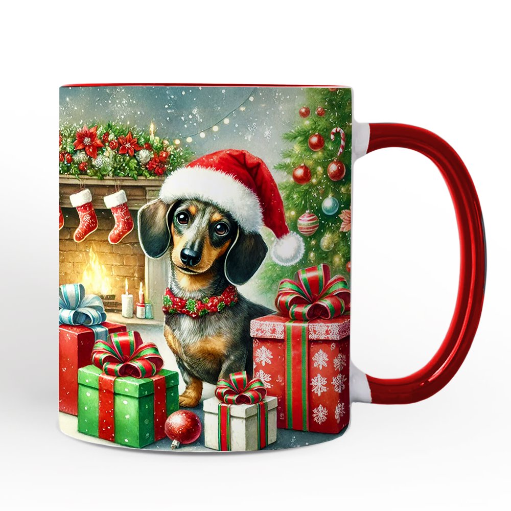 Festive Dachshund Delight Personalized Mug, Joyful Christmas Gift with Custom Name