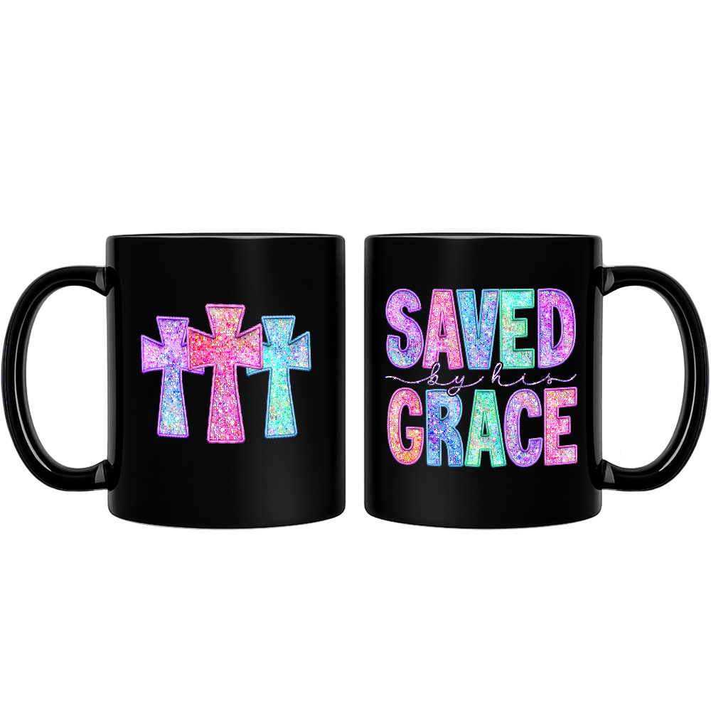 Saved By His Grace Printed Faux Sequin Christian Mug, Religious Love Gift