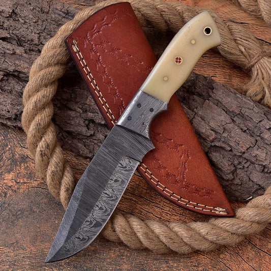 Whitetail Warrior - Custom Handcrafted Damascus Steel Deer Hunting Knife with Bone Handle and Damascus Bolster