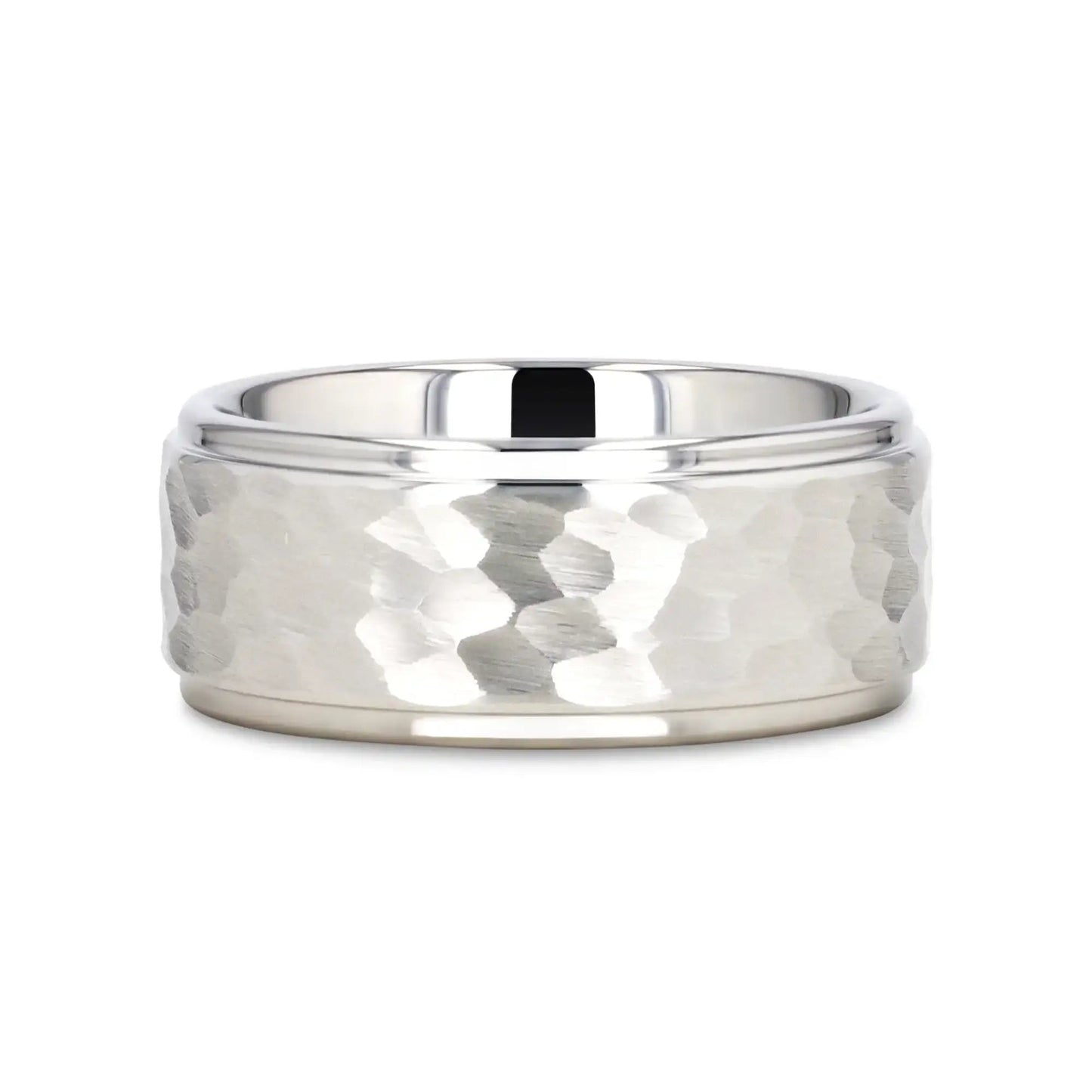 WINSTON White Tungsten Ring with Raised Hammered Finish and Polished Step Edges - 4mm - 10mm