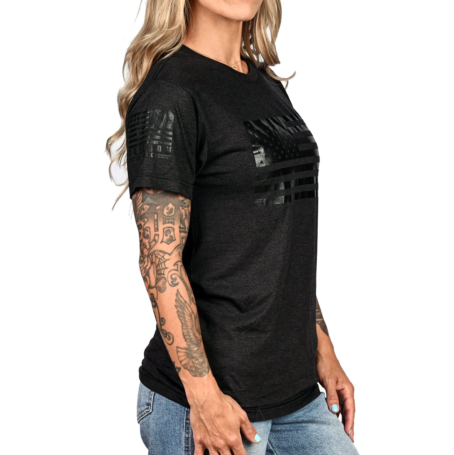 Women's Murdered Out American Flag Boyfriend Fit Patriotic T-Shirt - Heather Black