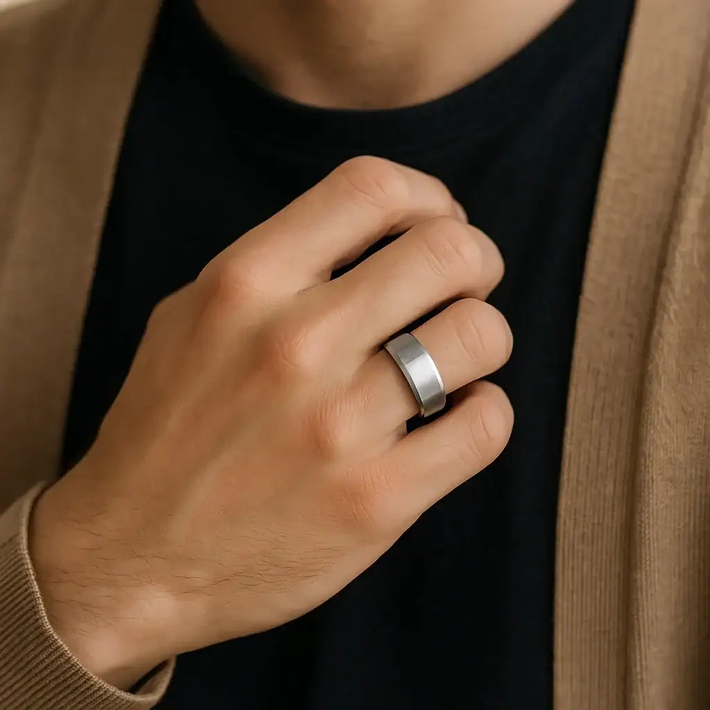 STERLING Square Shape White Tungsten Ring with Brushed Center, 8mm