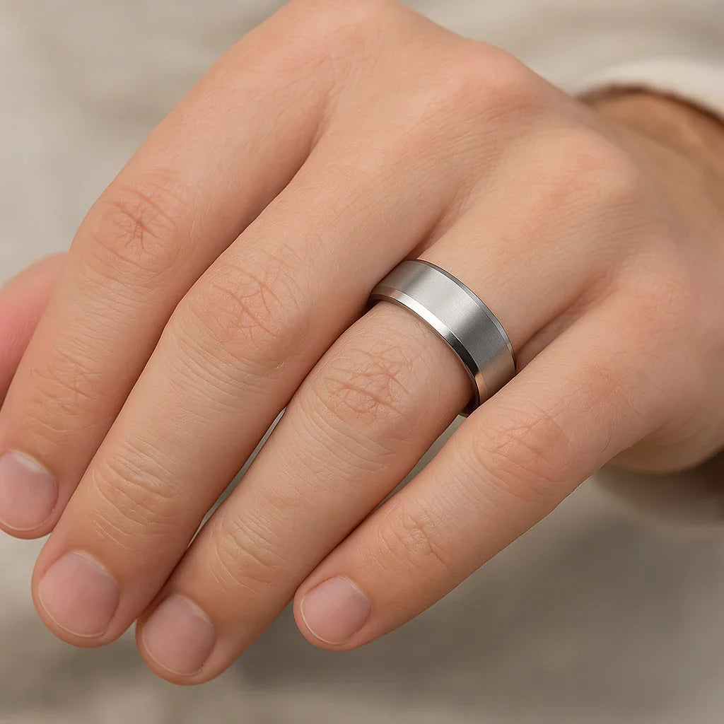 SHIRE Titanium Men’s Flat Wedding Ring, Brushed Center with Polished Beveled Edges — 6mm & 8mm