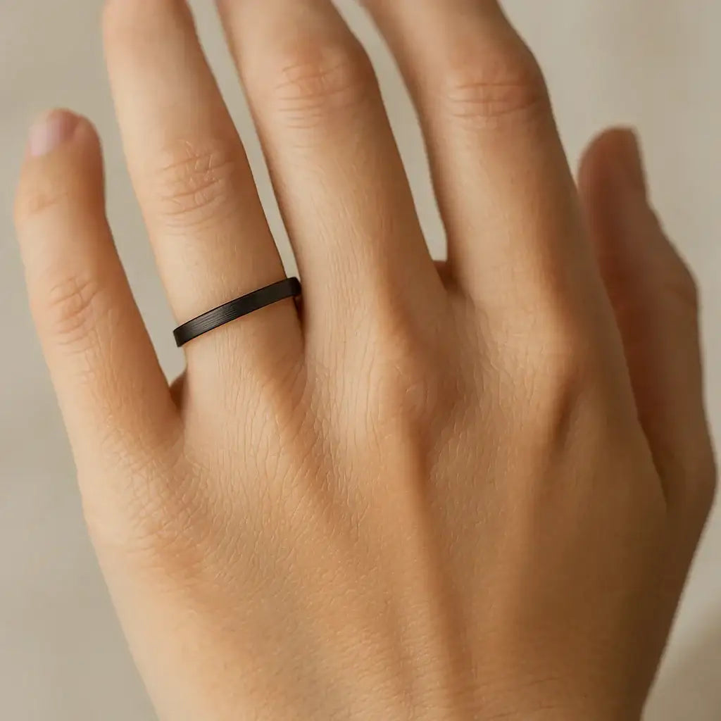 DAISY Black Flat Shaped Ceramic Wedding Band for Women with Brushed Finish - 2 mm