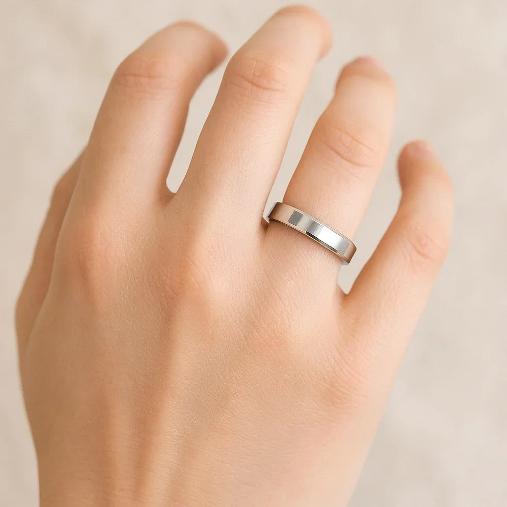 LUCY Sterling Silver Polished Flat-Center Women’s Wedding Band with Beveled Edges - 4mm