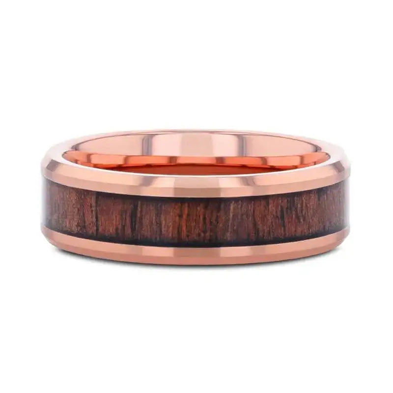 ALDER Rose Gold Plated Rosewood Inlaid Tungsten Men's Wedding Band With Beveled Polished Edges - 8mm