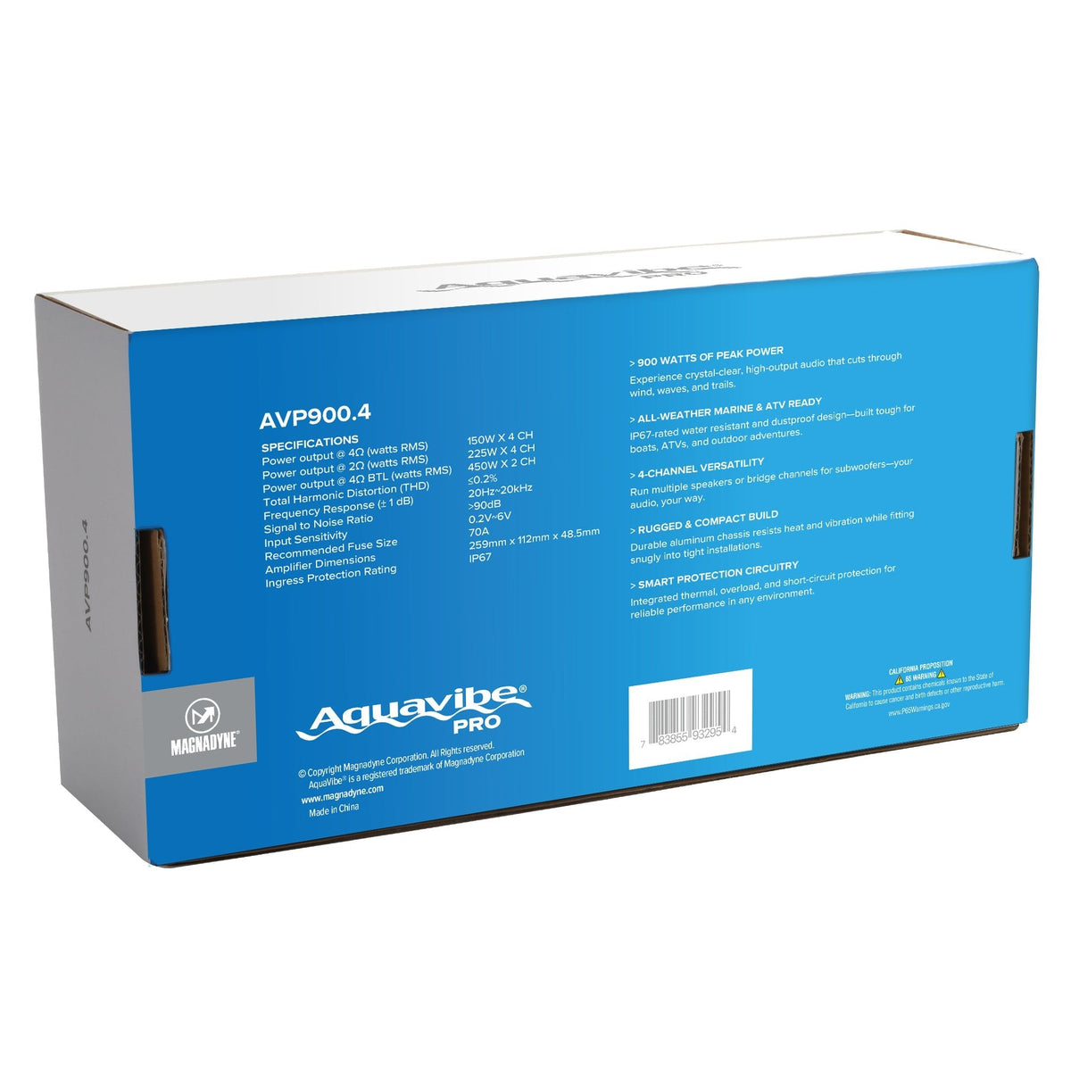 AquaVibe Pro 4-Channel Class D 900-Watt Marine Amplifier IP67 Rated