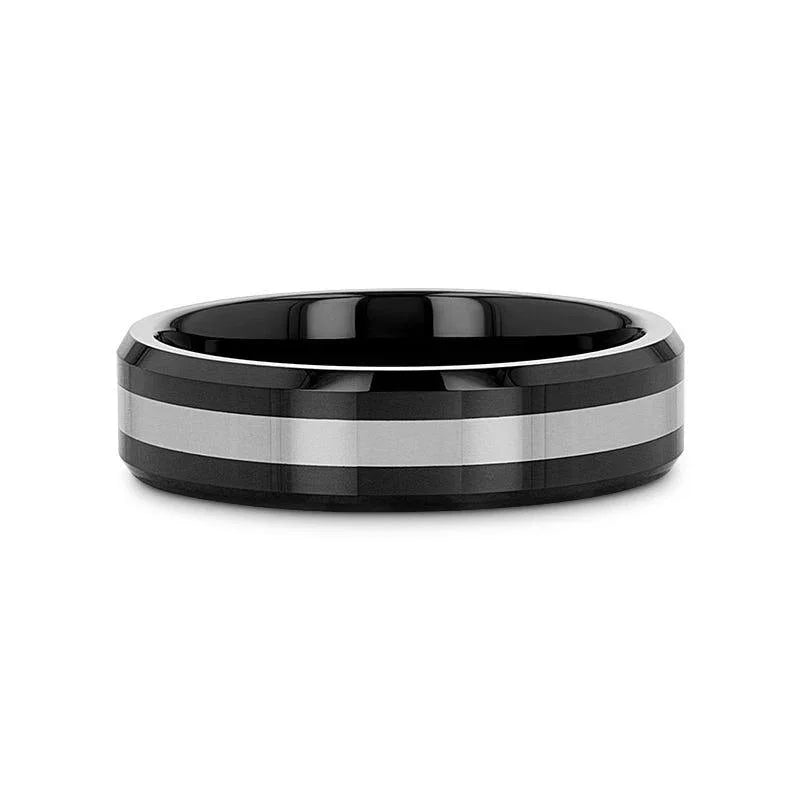 ASTADI Polished Black Beveled Ceramic Ring with Tungsten Inlay - 6mm (Limited Stock)
