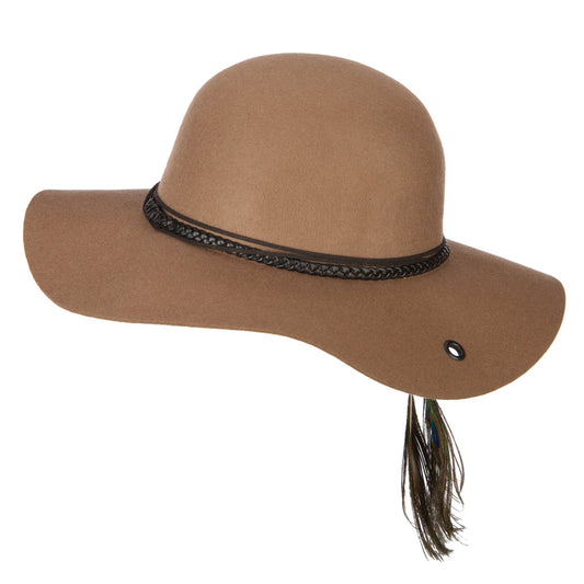 Women's Wool Leather Band Suede Rope Tie with Feather Detailed Bucket Hat