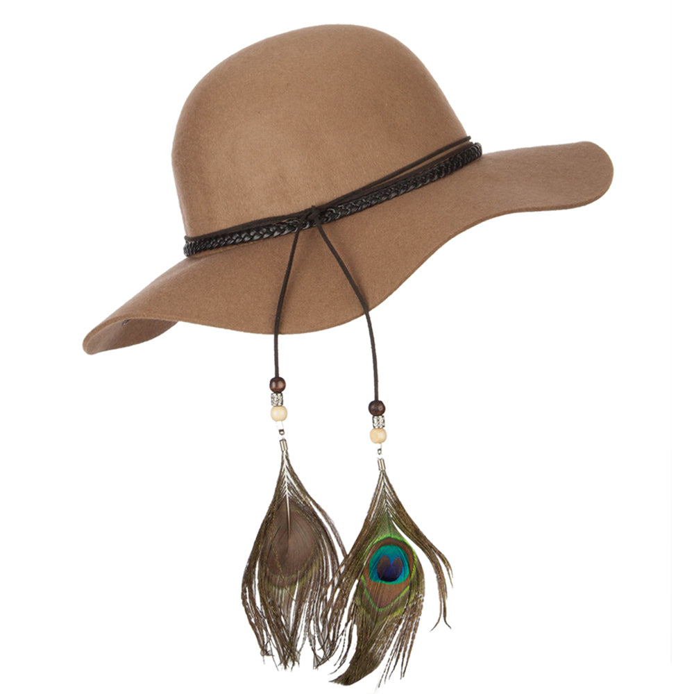 Women's Wool Leather Band Suede Rope Tie with Feather Detailed Bucket Hat