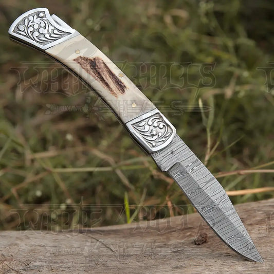 Back Lock 9" Handmade Damascus Steel Pocket Knife Stag Antler Handle Engraved clips Folding Knife