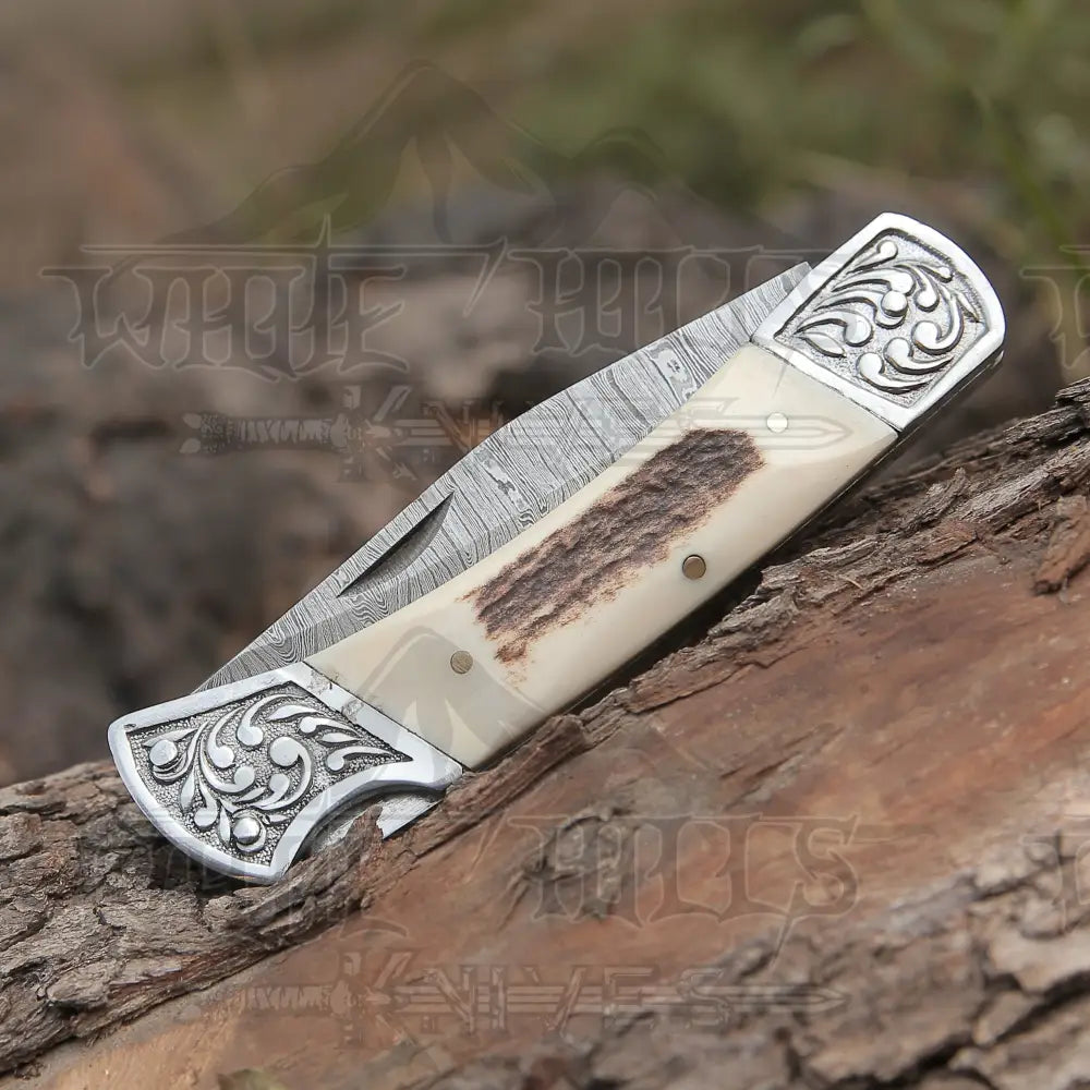 Back Lock 9" Handmade Damascus Steel Pocket Knife Stag Antler Handle Engraved clips Folding Knife