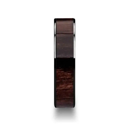 KENDO Black Ceramic Polished Finish Ring with Black Walnut Wood Inlay - 6mm - 10mm