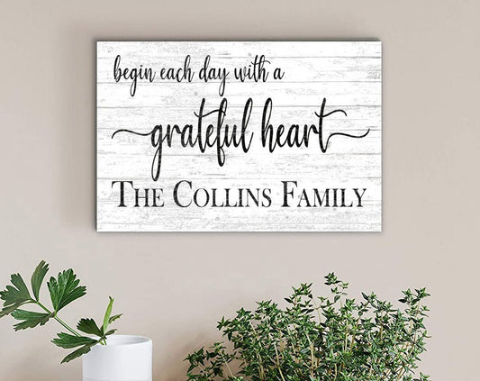 Begin Each Day With A Grateful Heart Family Name Sign