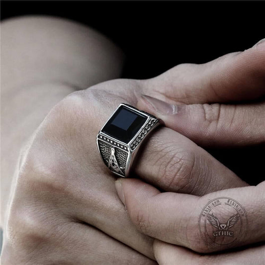 Black Gemstone Stainless Steel Masonic Ring