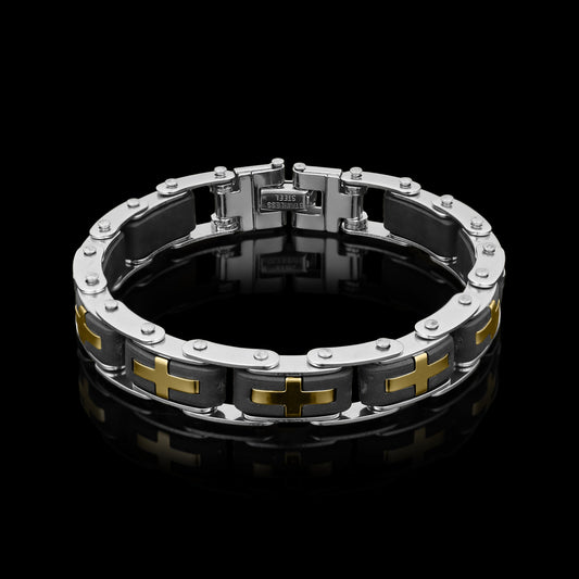Stainless Steel And Gold Cross Bike Chain Bracelet
