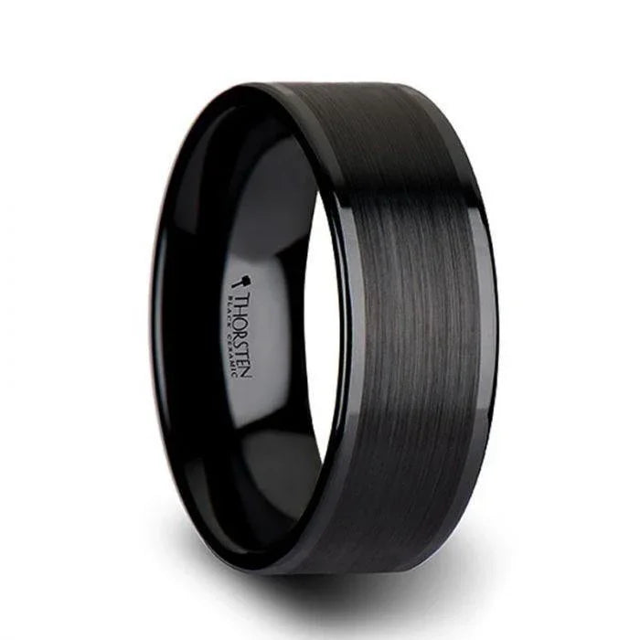 OLIVIA Women’s Flat Black Ceramic Ring with Brushed Center and Polished Edges - 4mm