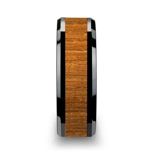 SAGON Black Ceramic Ring with Polished Bevels and Teak Wood Inlay - 6mm - 10mm