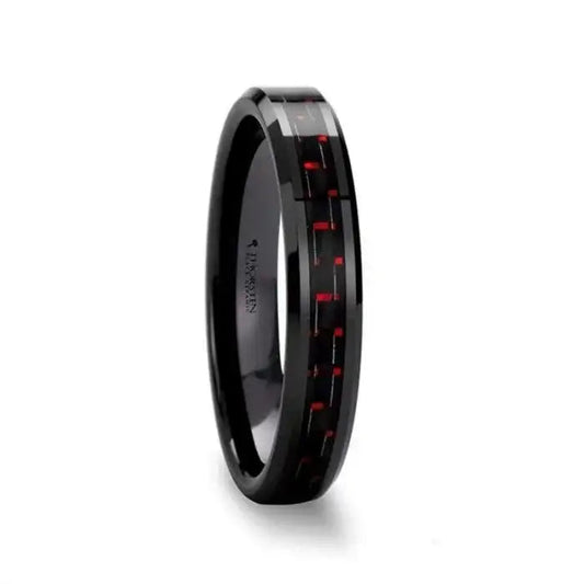 ANTONIUS Beveled Black Ceramic Ring with Black & Red Carbon Fiber - 4mm - 10mm