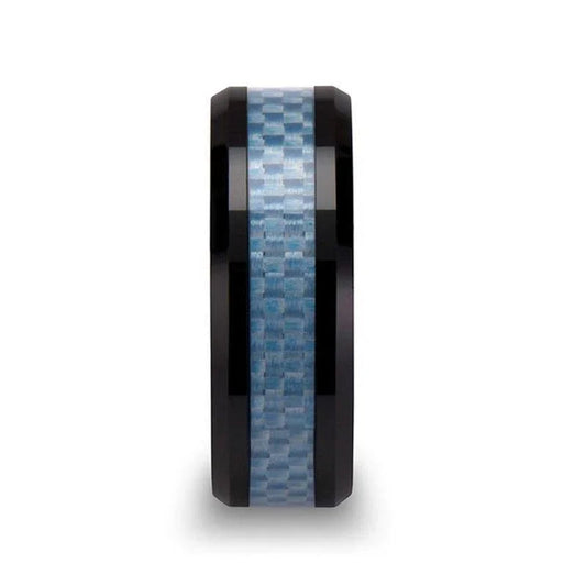 ATTICUS Beveled Blue Carbon Fiber Inlaid Black Ceramic Ring - 8mm