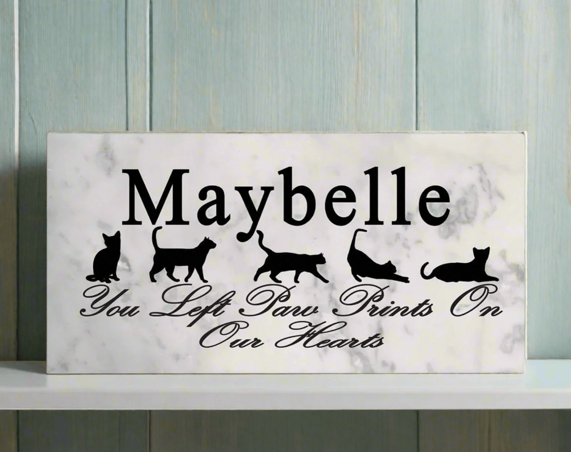 Cat Memorial Plaque – Personalized “You Left Paw Prints On Our Hearts” Marble Tribute with Name