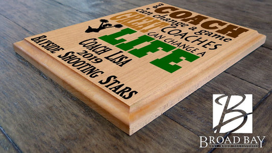 Custom Cheer Coach Gift – Personalized Wood Plaque with Name & Year – “Great Coaches Change Lives” – Solid Wood – Cheerleader Gift – USA Made
