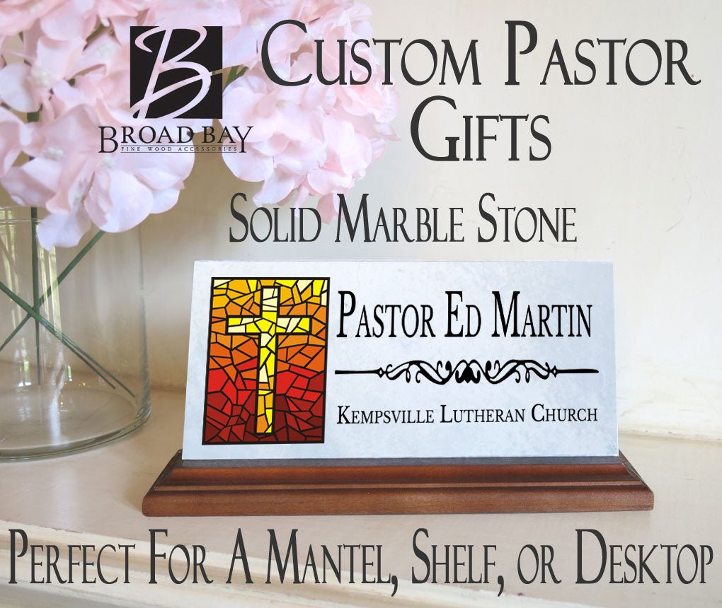 Church Desk Nameplate – Custom Marble Name Sign with Stained Glass Cross for Clergy or Staff