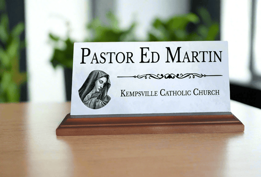 Religious Desk Nameplate – Custom Marble Sign for Pastor, Priest, or Church Staff with Virgin Mary Icon