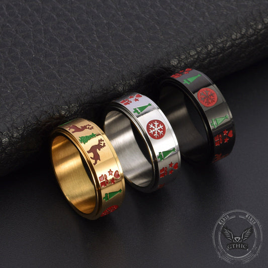 Christmas Tree Elk Stainless Steel Spinner Ring