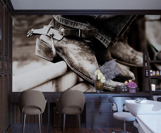 Vintage Western Theme Wallpaper. Rustic Cowboy Sepia Wall Mural. #6748