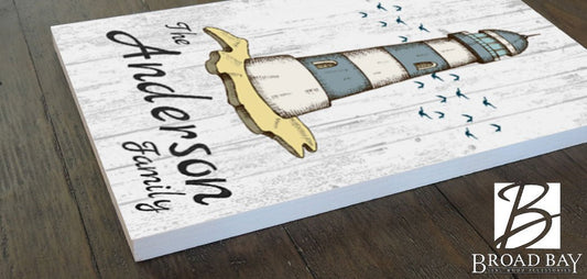 Custom Beach Home Sign - Lighthouse Design with Family Name - Solid Wood