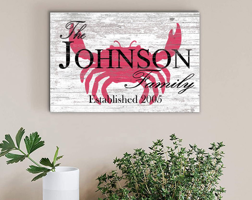 Custom Beach House Sign – Crab Design with Family Name & Established Year | Personalized Coastal Wall Art