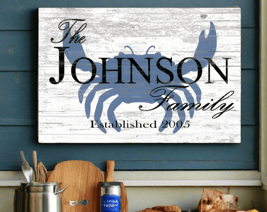 Custom Beach House Sign – Crab Design with Family Name & Established Year | Personalized Coastal Wall Art