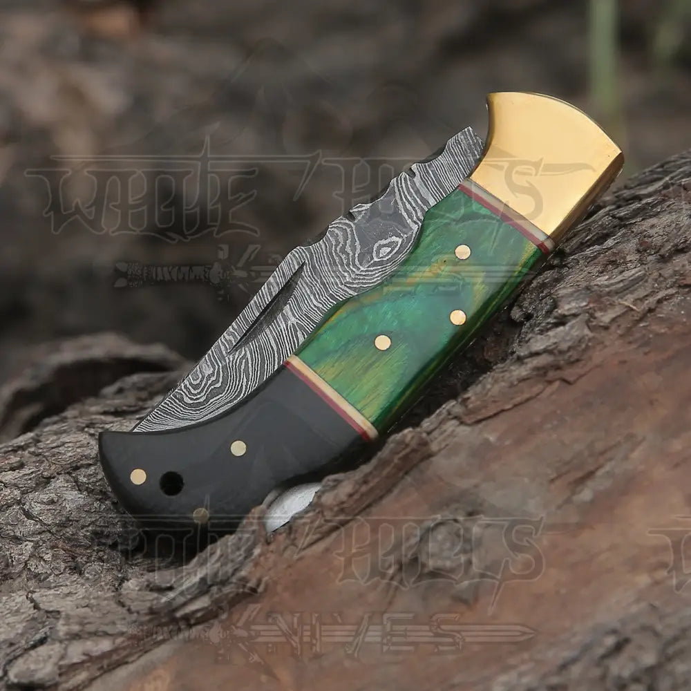 Custom Hand Forged Damascus Folding Knife Brass Bolster With Horn & Stain Wood Handle WH 5002
