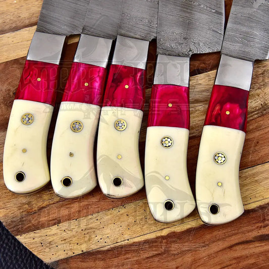 Custom Hand Made Forged Damascus Chef Knife Set Steel Bolster With Bone & Stained Wood Handle WH 3624
