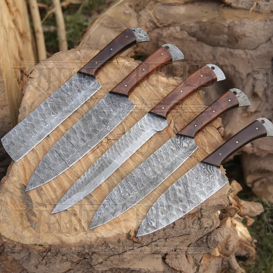Custom Hand Made Forged Damascus Steel Chef Knife Set Kitchen Knives With Wood Handle WH 9009