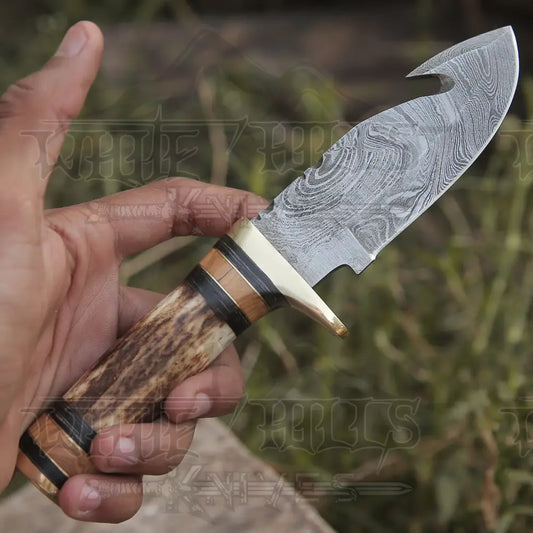 Custom Hand Made Forged Damascus Steel Gut Hook Hunting Knife With Stag Handle WH 3749