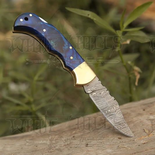 Custom Handmade Damascus Steel Pocket Folding Knife Stained Wood Handle WH 1256
