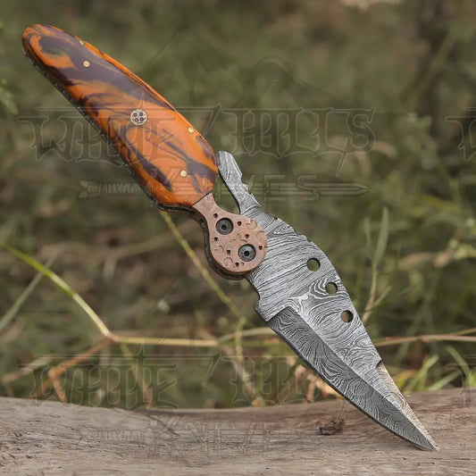 Custom Handmade Damascus Steel Pocket Knife Folding Blade With Resin Handle WH 3821